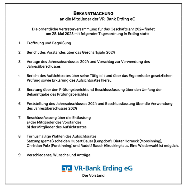 Bekanntmachung Vertreterversammlung 2025 Bekanntmachung Vertreterversammlung 2025
